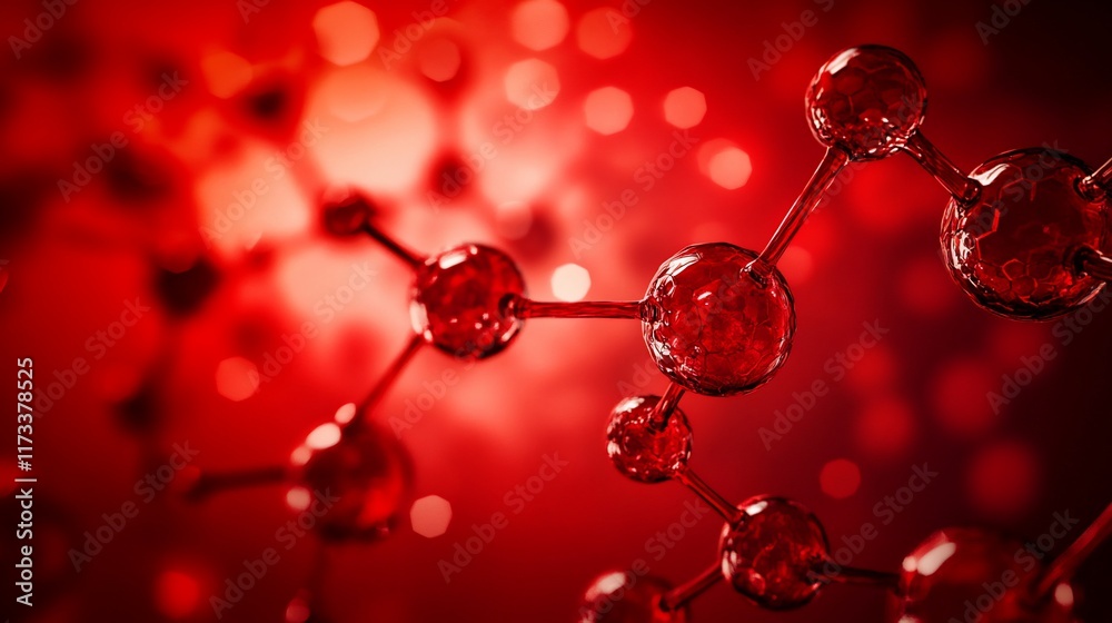 Poster red translucent molecule model on blurred red background.