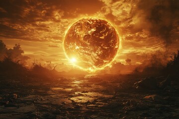 Stunning sunset casts a golden glow over a desolate landscape with dramatic cloud formations