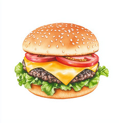 Juicy cheeseburger with lettuce, tomato, and cheese on sesame bun