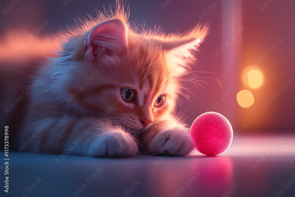Poster a vibrant 3d illustration of a kitten playing with a red ball, with lifelike fur textures and dynami
