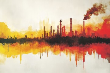 Obraz premium Industrial landscape under a dramatic sunset with reflection on water