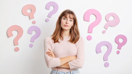 Young woman with arms crossed, pondering various questions symbolized by colorful question marks on a white background, representing decision making and critical thinking