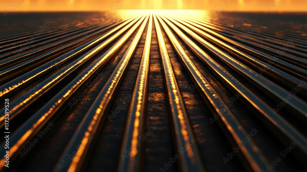Aufkleber Rows of metallic rods aligned on the ground, creating leading lines that guide the viewer eye toward a glowing horizon, emphasizing depth and perspective