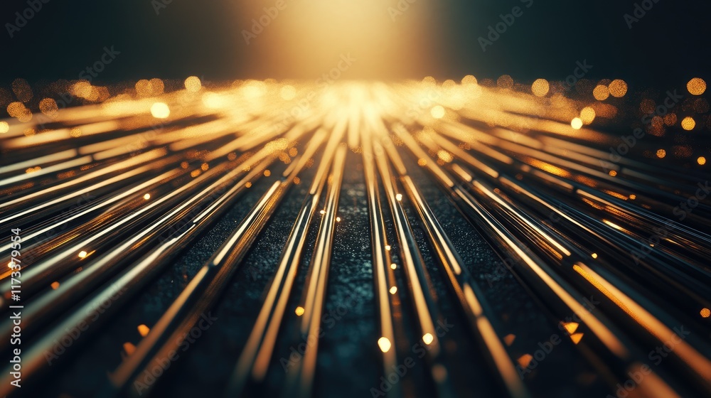 Poster Rows of metallic rods aligned on the ground, creating leading lines that guide the viewer eye toward a glowing horizon, emphasizing depth and perspective