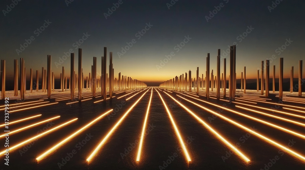 Aufkleber rows of metallic rods aligned on the ground, creating leading lines that guide the viewer eye toward
