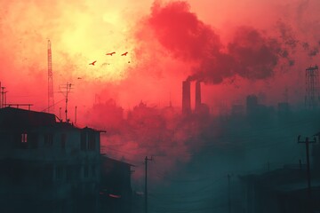 Fototapeta premium Sunset view of a city skyline with industrial pollution and birds flying across the vibrant sky