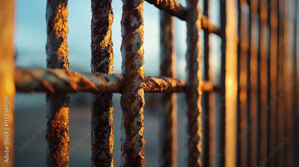 Poster rusted, intertwined metal bars with a soft glow in the background, illuminated under the evening sky