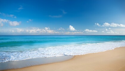 Fototapeta premium Beautiful sandy beach and soft blue ocean wave. Sea background