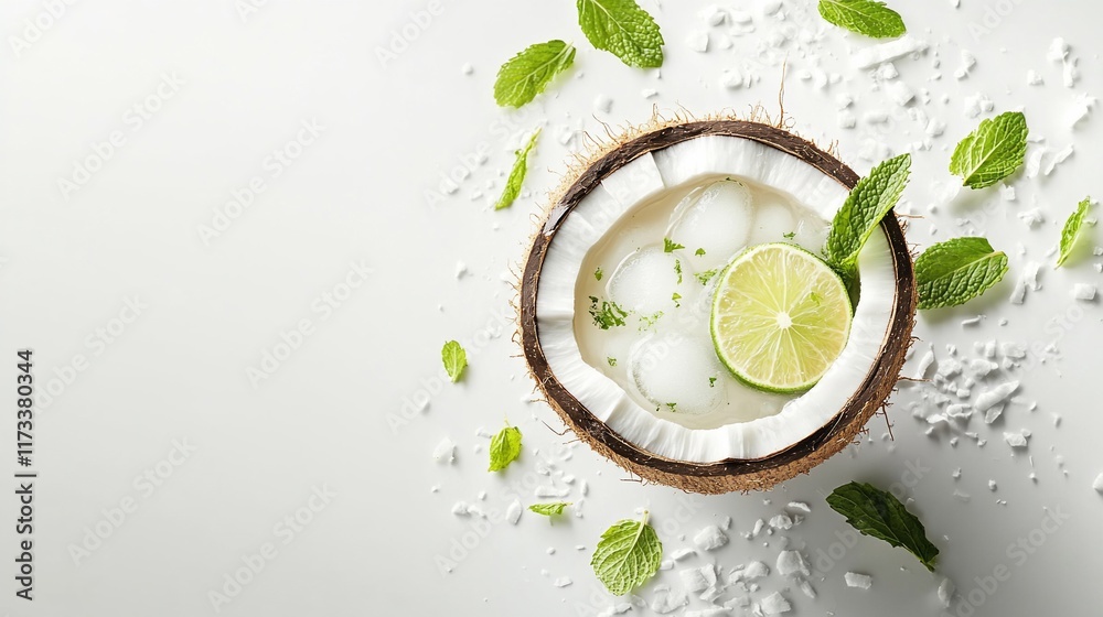 Poster refreshing coconut lime drink in coconut shell with ice and mint.