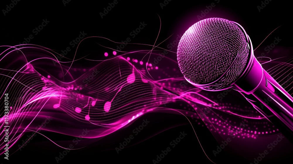 Aufkleber pink microphone with musical notes and waves on black background.