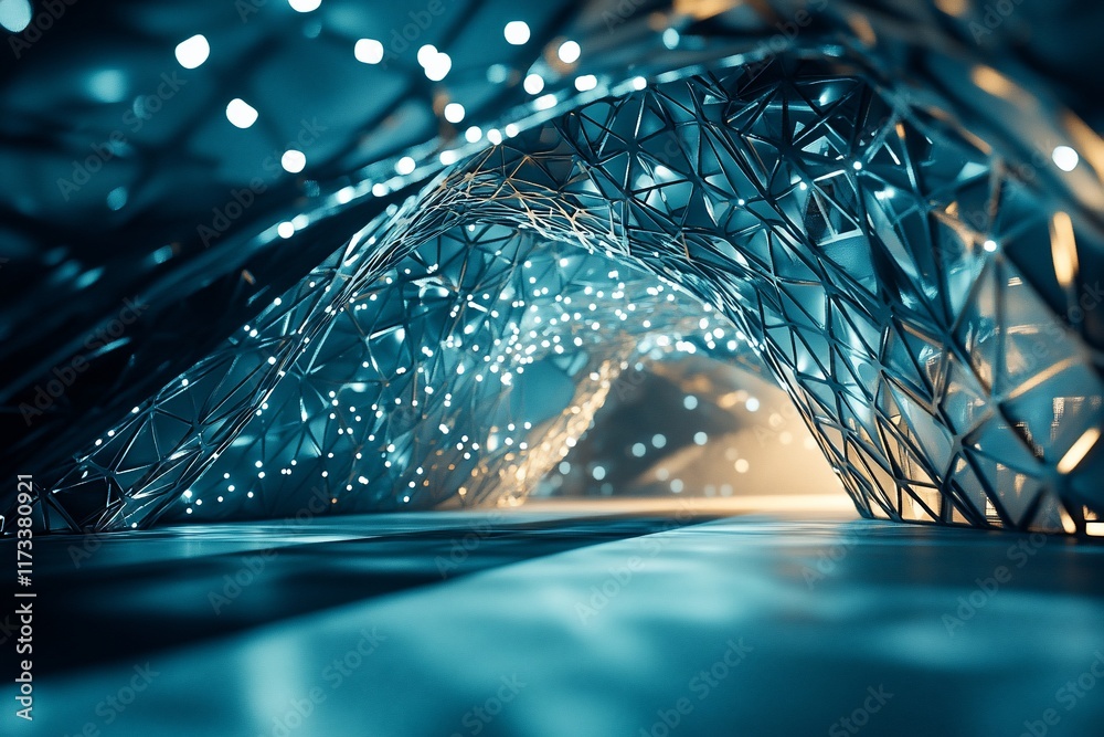 Poster Abstract tunnel of glowing geometric shapes and particles.