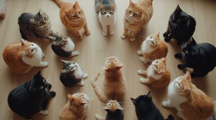 Several adorable cats sit in a circle, each looking down with intense curiosity, creating a playful and funny atmosphere