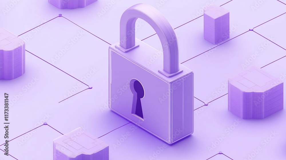 Poster Purple padlock secured on network of data blocks.