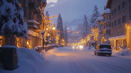 Obraz premium Snowy streets of Saint Moritz, lit warmly by yellow lights as dusk settles over the village, offering a serene and cozy winter vibe