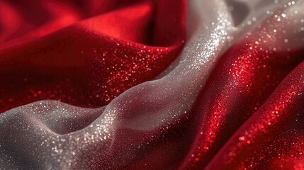 Softly flowing red and silver fabric with glittering sparkles, creating a sophisticated and festive atmosphere for creative or holiday-themed photography
