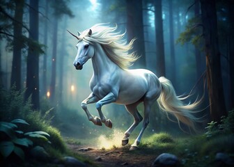 Majestic White Unicorn Galloping in Low Light, Fantasy Horse