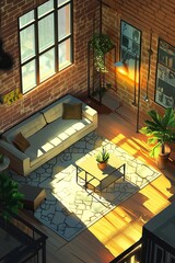 Fototapeta premium Sunlit modern loft living room with brick walls, cozy sofa, and lush indoor plants creating a warm, inviting atmosphere.