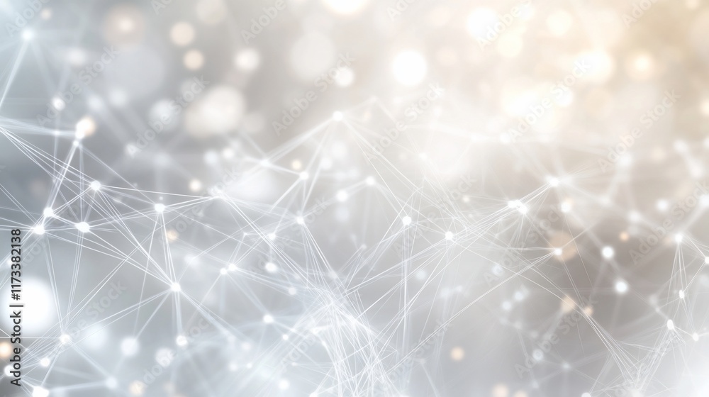 Poster Abstract white and gold network connection background with bokeh lights.