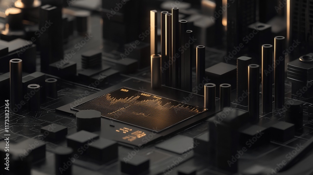 Poster Abstract 3D rendering of a futuristic city integrated with a microchip displaying data.