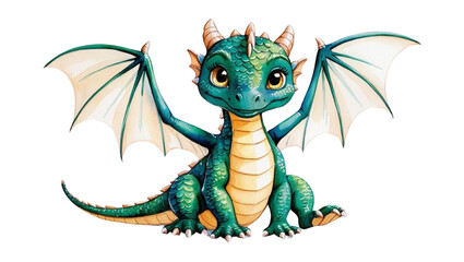 Obraz premium Adorable baby dragon, teal scales, big eyes, tiny claws, spread wings, whimsical watercolor style. Fantasy charm!