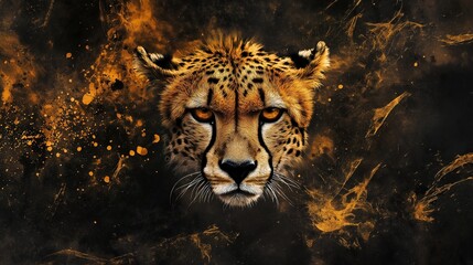 A cheetah's face is shown in a black and orange background