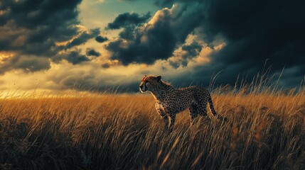 A cheetah is walking through a field of tall grass