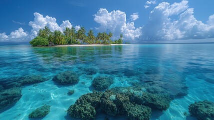 Idyllic Tropical Lagoon with Vibrant Coral Reefs and Crystal-Clear Waters, Framed by Lush Palm Trees and Stunning Blue Skies