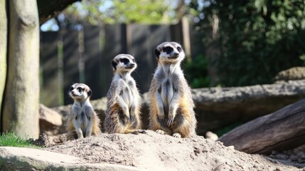 Fototapeta premium Three meerkats standing upright on a mound in a natural setting.
