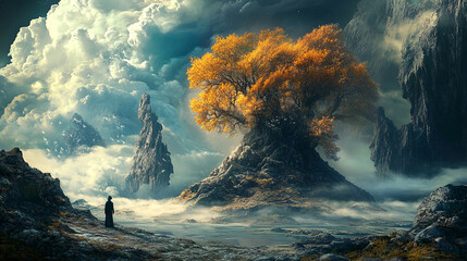 Fototapeta premium Majestic fantasy landscape with a mystical tree shining in golden hues amidst ethereal clouds