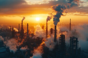Industrial skyline during sunset with smokestacks releasing vapor and orange skies illuminating the landscape