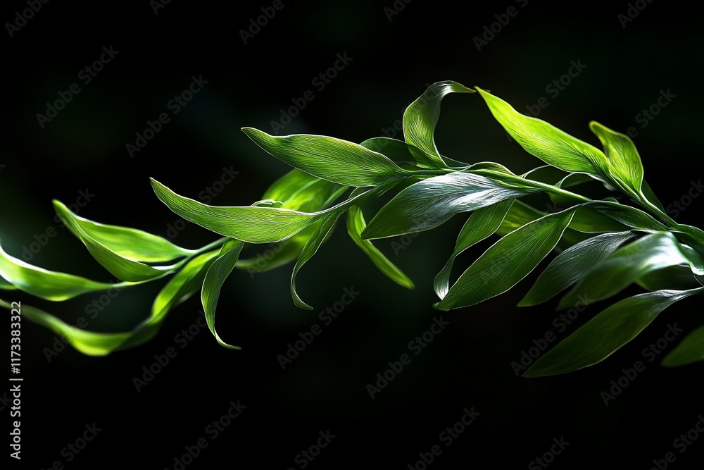 Aufkleber vibrant green leaves elegantly curve against a stark black background, illuminated by a soft light.