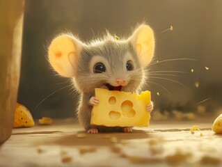 adorable mouse holding a piece of cheese on a wooden surface