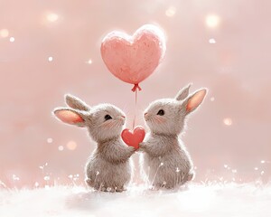 A whimsical Valentine Day scene featuring two bunnies Whimsical Valentine Day scene with bunny duo Adorable rabbits in a romantic Valentine setting Sweet Valentine bunnies sharing love and joy