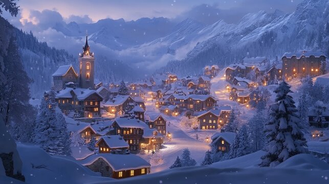 The picturesque snowy village of Saint Moritz nestled in the Swiss Alps, bathed in the soft light of a winter dusk, creating a serene and peaceful winter scene