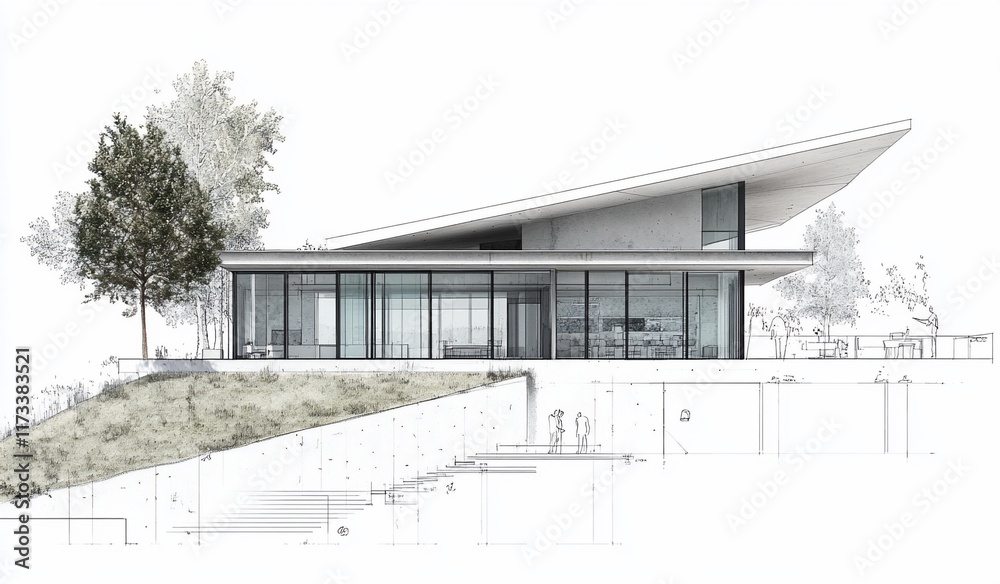 Poster architectural sketch of a modern, single-story house on a hillside with large windows and a sloping 