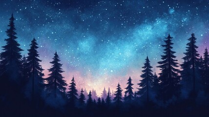 serene forest under starry night sky with colorful horizon glow