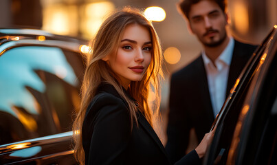 Businesswoman getting out of a luxury car with her chauffeur opening the door for her, in a city at sunset