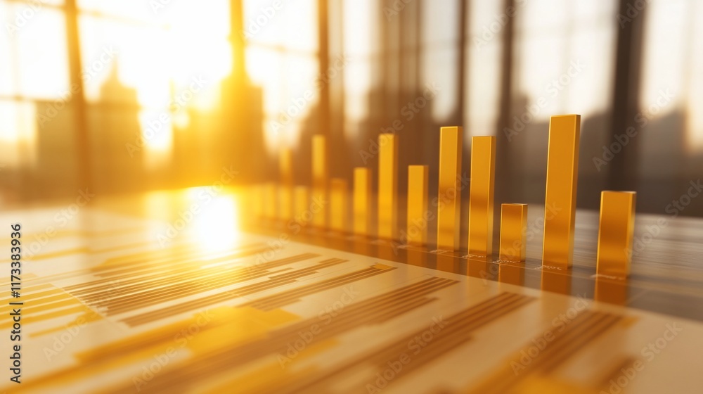 Poster golden bar graph on financial documents with sunset backdrop.