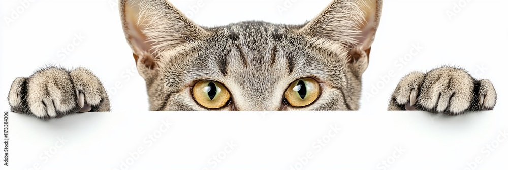 Poster curious tabby cat peeking over white background with paws showing.