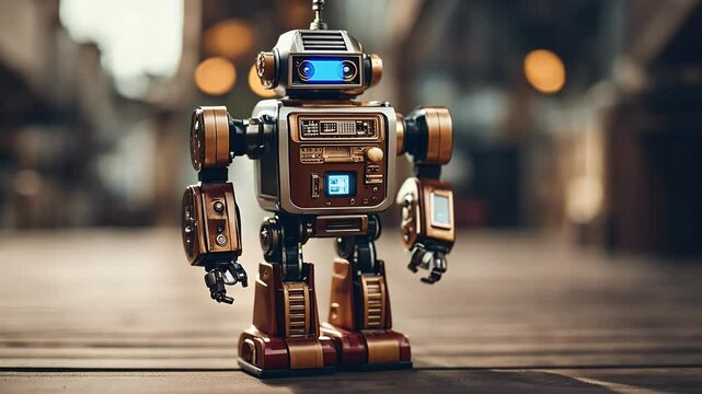Relive childhood nostalgia retro clockwork robots blending vintage charm futuristic concept automation technology