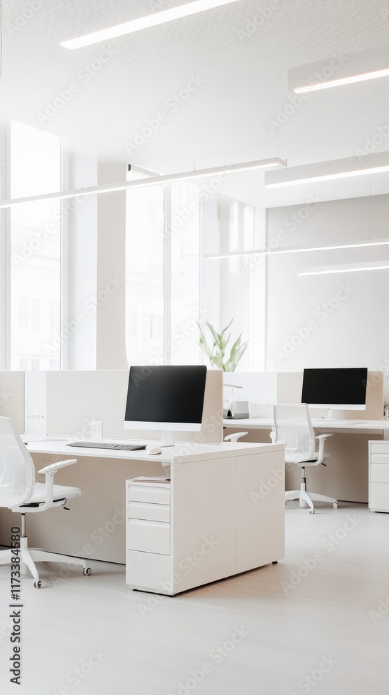 Poster bright and spacious open plan office featuring white desks, computers with blank screens, comfortabl