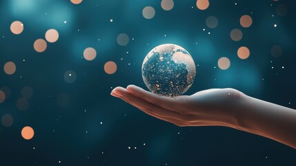 A hand holding a miniature 3D globe against a backdrop of a vast starry sky, symbolizing human exploration and our place in the universe.