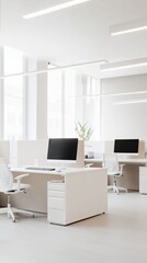 Bright and spacious open plan office featuring white desks, computers with blank screens, comfortable chairs, and minimalist design, creating a productive and stylish work environment