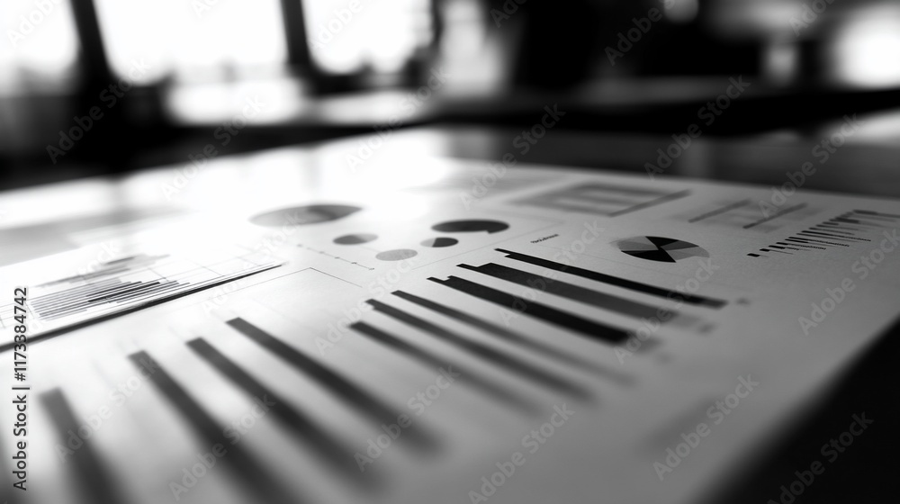 Poster Close-up of financial charts and graphs on a desk, showing business data analysis.