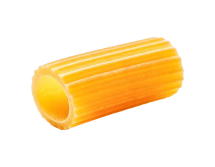 One tortiglioni pasta on white background.