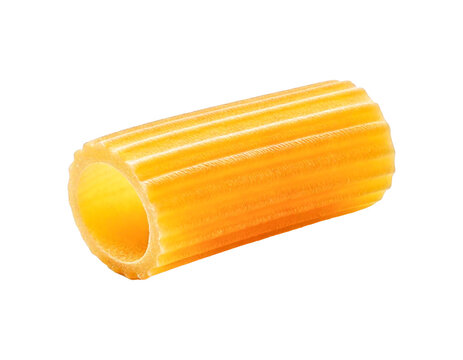 One tortiglioni pasta on white background.