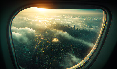 Obraz premium Breathtaking aerial view of new york city skyline during sunrise, seen from an airplane window, with clouds adding a touch of magic