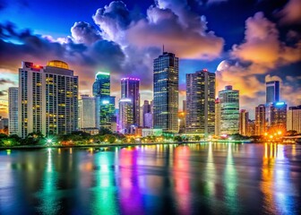 Naklejka premium Miami Night Skyline: Breathtaking Cityscape View with Copy Space