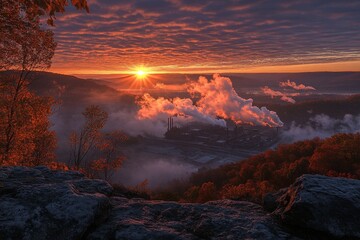 Fototapeta premium Sunrise over industrial landscape with smoke and autumn colors in the valley
