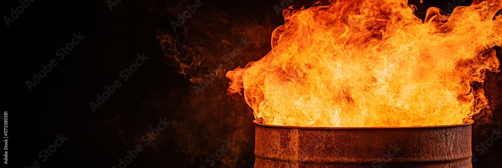 Poster intense orange flames rise from a rusty metal barrel, creating a dramatic scene of combustion and he